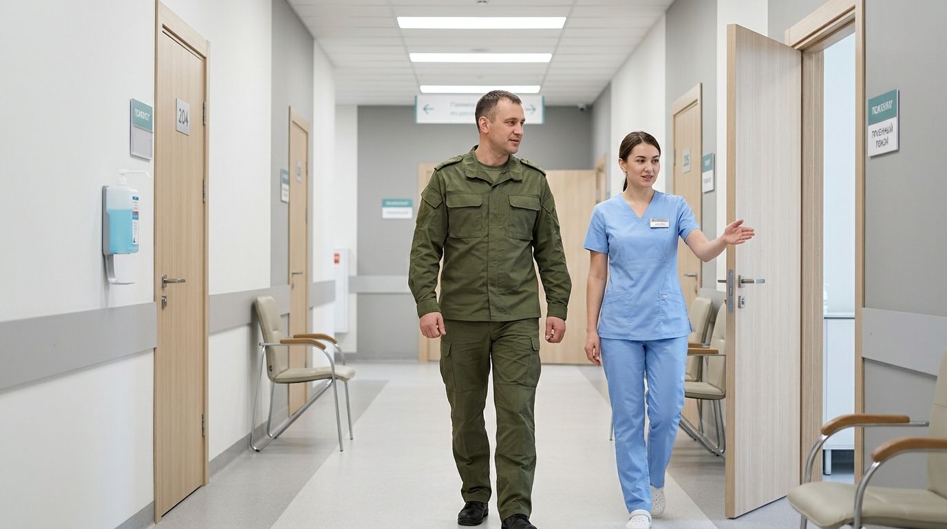 Психологическая помощь участникам СВО Военный и медсестра идут по больничному коридору
